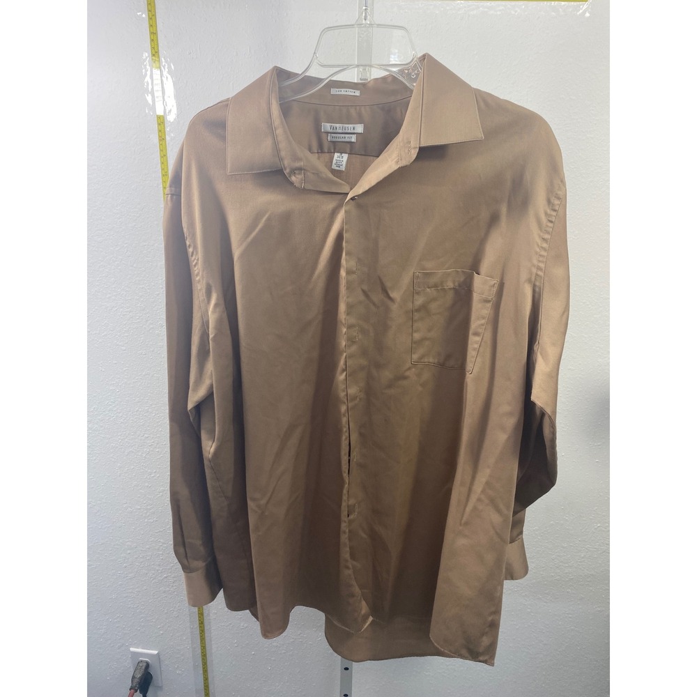 Van Heusen Lux Sateen Dress Shirt Mens 18 34/35 Regular Fit Bronze Tan Tan Tan‎